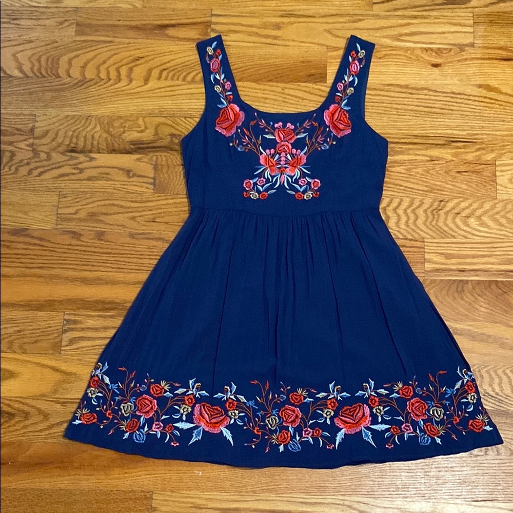 Sunny Girl Navy Dress with Red & Pink Floral Embroidery